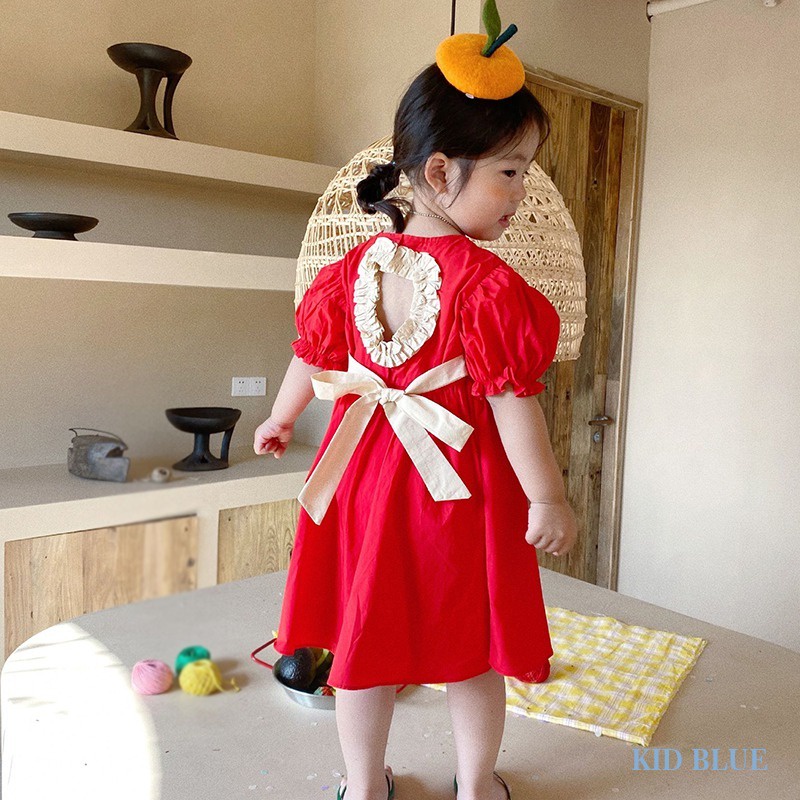 Đầm Tay Phồng Cổ Tròn Thắt Nơ Họa Tiết Trái Tim Phong Cách Hàn Quốc Thời Trang Mùa Hè Cho