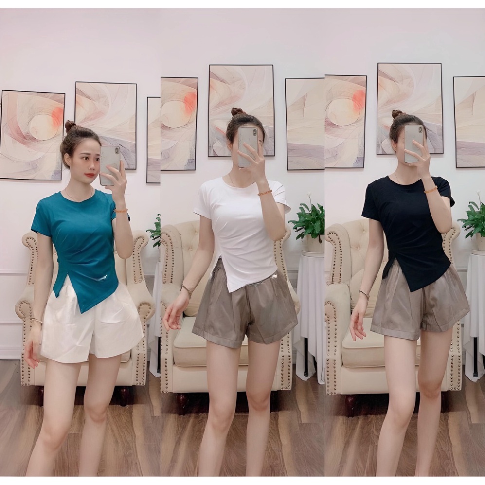 áo thun nữ vạt chéo rúm xẻ sườn cộc tay cổ tròn hàng đẹp