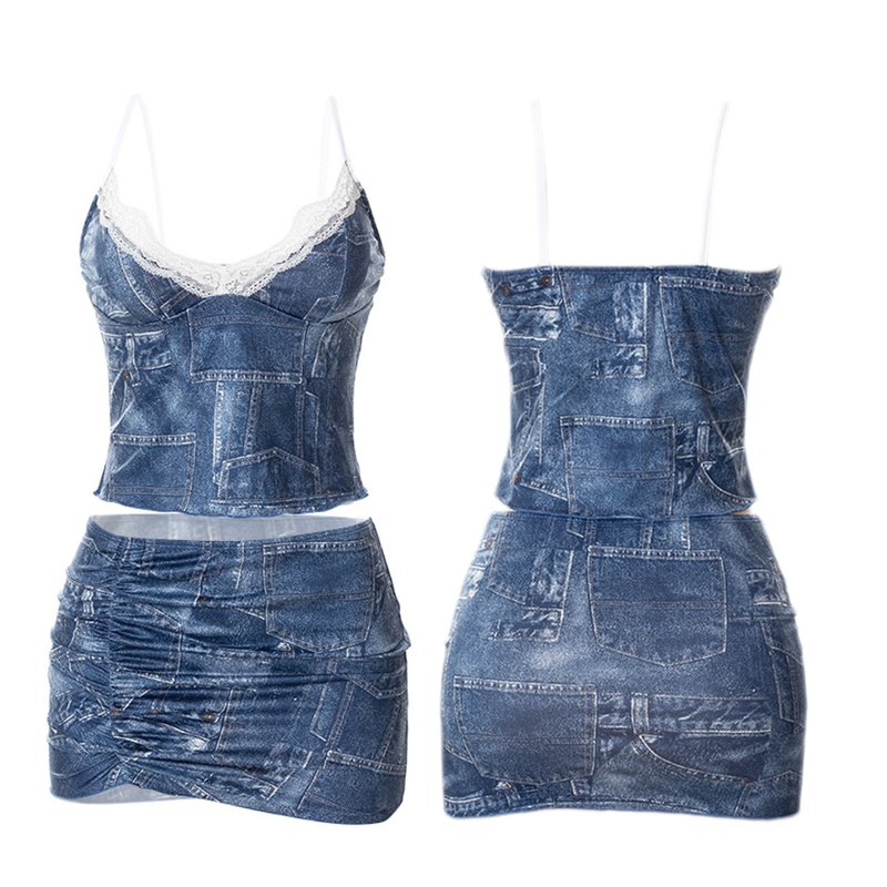 Đầm Denim Hai Dây Ôm Dáng Phối Ren Quyến Rũ Dành Cho Nữ