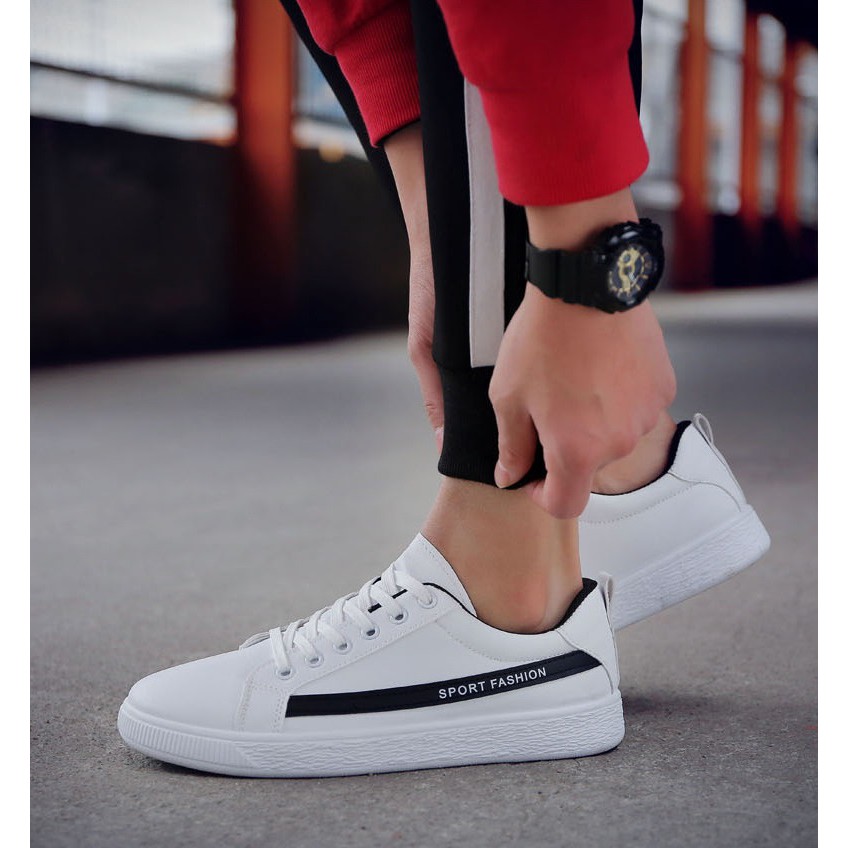 GIẦY SNEAKER DA Kẻ SPORT FASHION ( TRẮNG - ĐEN ) Thể Thao Nam phong cách Korea 2018