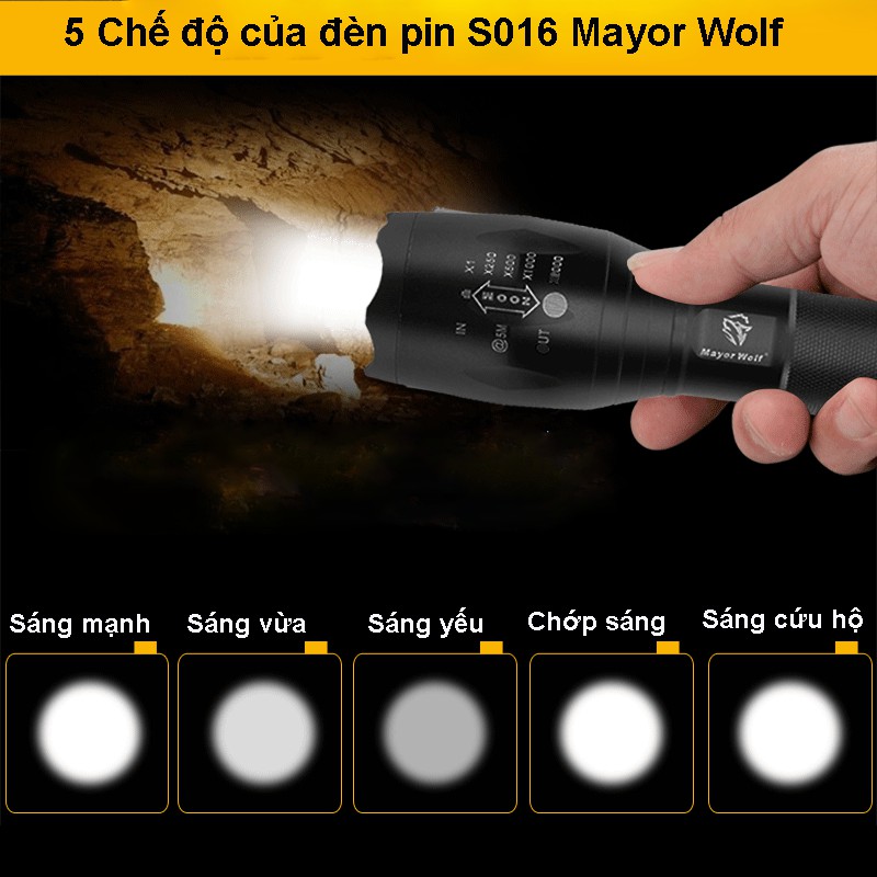 [LOẠI 1] Đèn pin siêu sáng S016 Mayor Wolf chống nước, sạc siêu bền