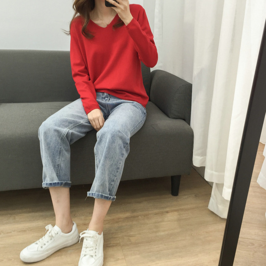 Áo dệt kim sáp mềm tay dài cổ chữ V màu trơn dáng rộng thoải mái nhiều màu tùy chọn phong cách basic cho nữ mặc lót