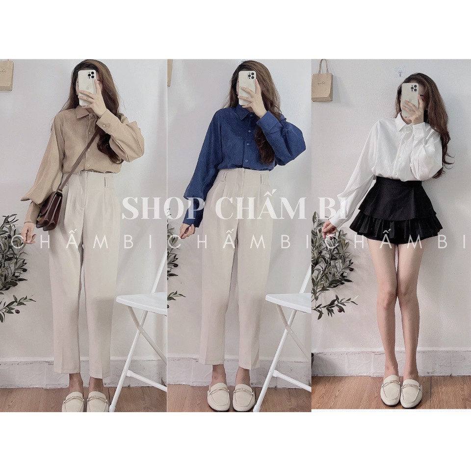 Áo sơ mi nữ dài tay A.115, Áo sơ mi chất dạ nhung tay nhún cách điệu cực xinh - Chấm Bi Shop