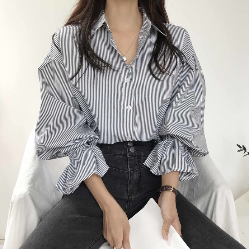Áo sơ mi tay dài hoạ tiết kẻ sọc phong cách retro thiết kế trẻ trung nữ tính thanh lịch