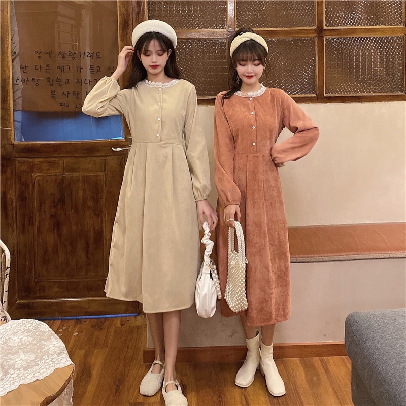 【ZHELIHANGFEI】Đầm Nhung Dài Qua Gối Dài Tay Phong Cách Mới