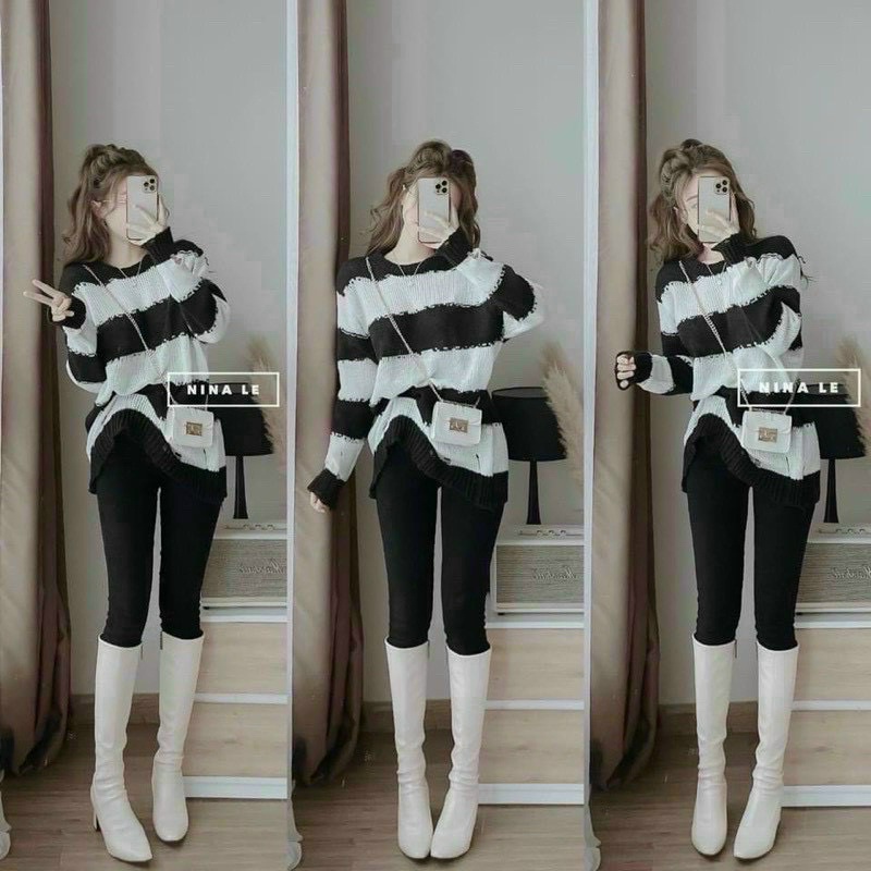 Áo len nữ, len loang kẻ ngang dáng len dài chùm mông