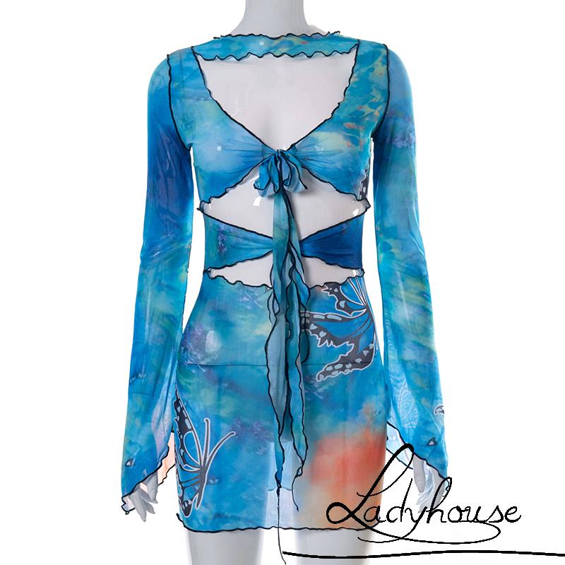 Váy body Tay Dài Cổ Chữ V Khoét Sâu In Họa Tiết Bướm Quyến Rũ Cho Nữ