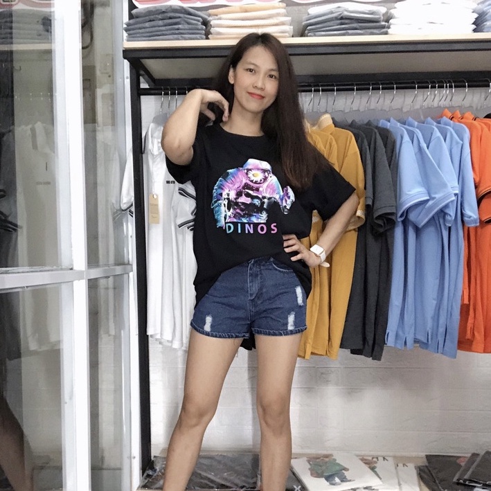 Áo thun Local Brand tay lỡ DINOS Unisex nam nữ form rộng màu đen in hình