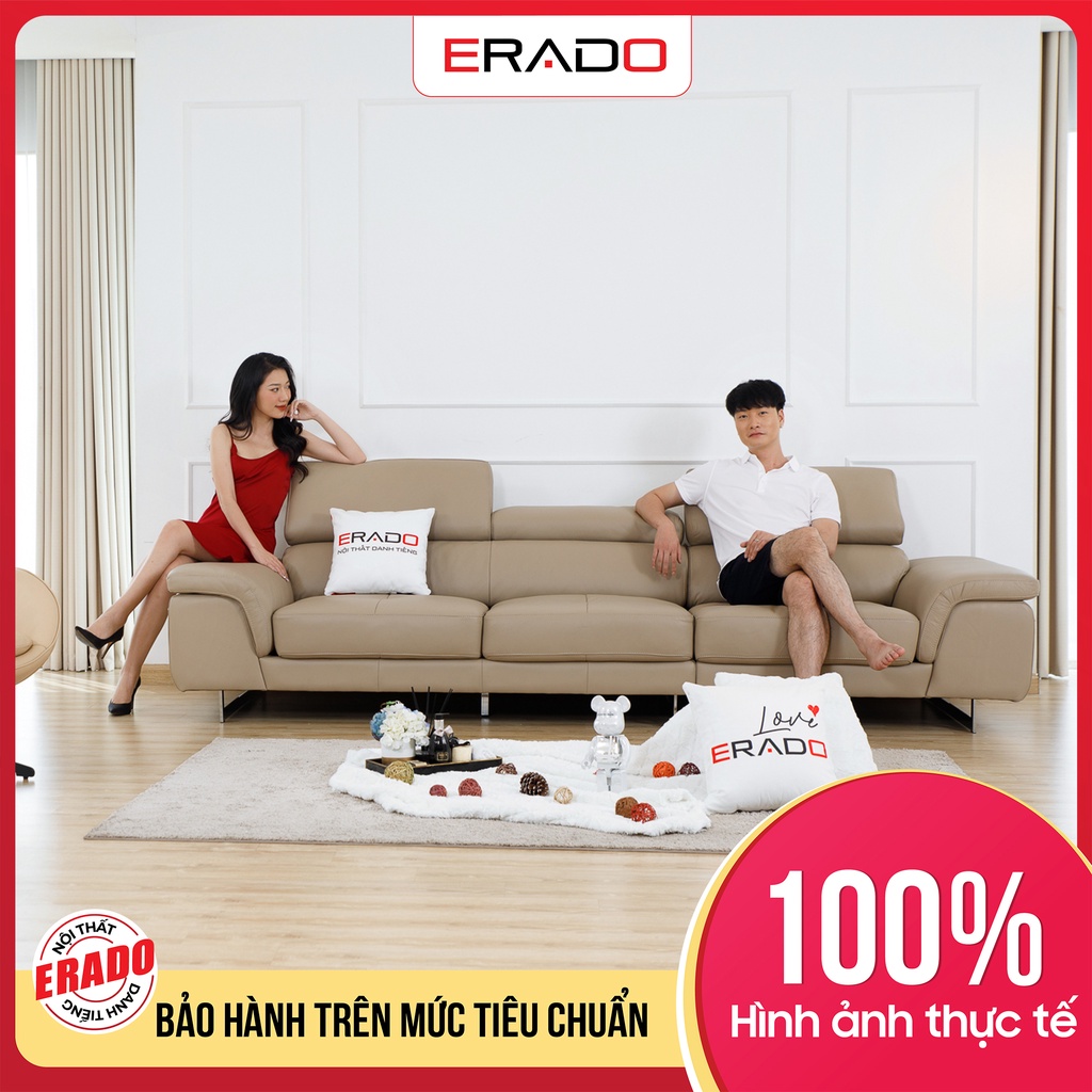 Sofa văng Erado bọc da thật mã 2207-L4 màu be trầm cho chung cư nhỏ