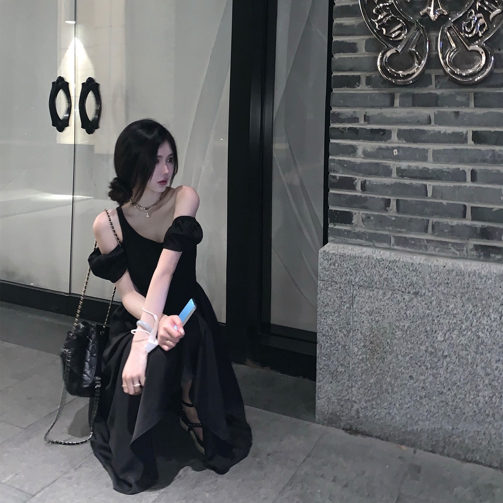 Đầm Trễ Vai Tay Ngắn Màu Đen Thời Trang Quyến Rũ Cho Nữ