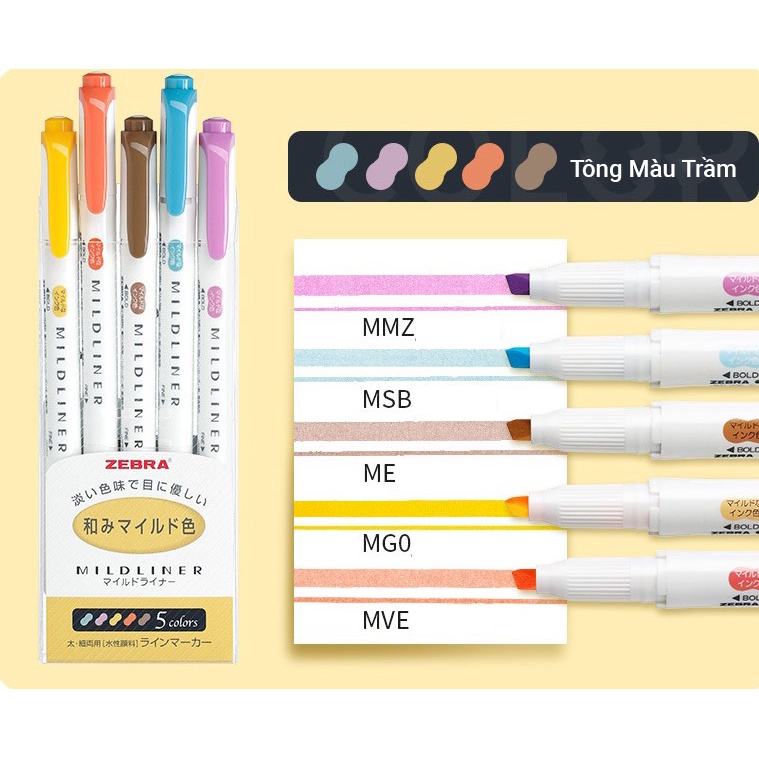 Bộ 5 bút highlight 2 đầu Zebra Mildliner Nhật Bản chính hãng, bút đánh dấu ghi chú chất lượng cao HI04