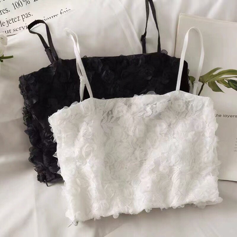 áo 2 dây croptop ren hoa hồng siêu xinh - Áo bra quây crop xinh xắn màu hồng đen trắng mặc cùng vest đẹp