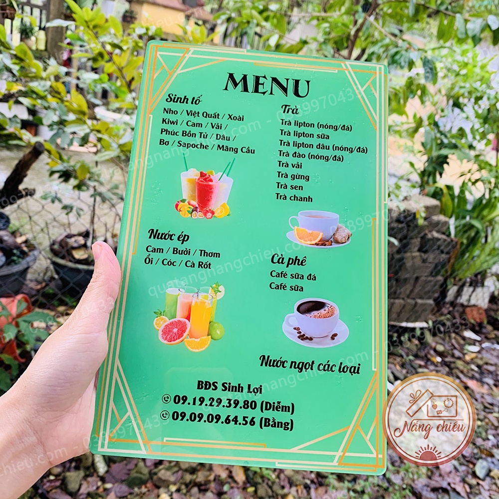 Menu đồ uống nước ép cho tiệm cà phê thiết kế nội dung theo yêu cầu - Chất liệu mica sáng bóng - Size 17x27cm