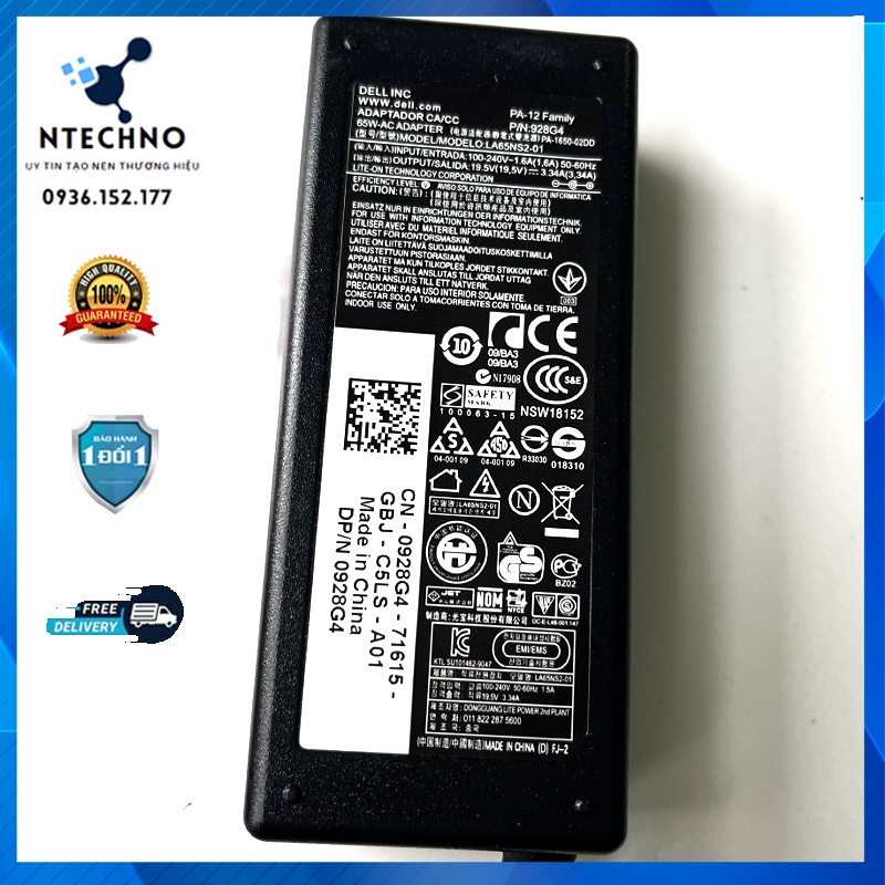 Sạc Laptop Dell 19.5V 3.34A 65W (Đầu đạn kích thước 4.0 x 1.7mm) [pt] - Tặng kèm dây nguồn - Bảo hành 12 Tháng