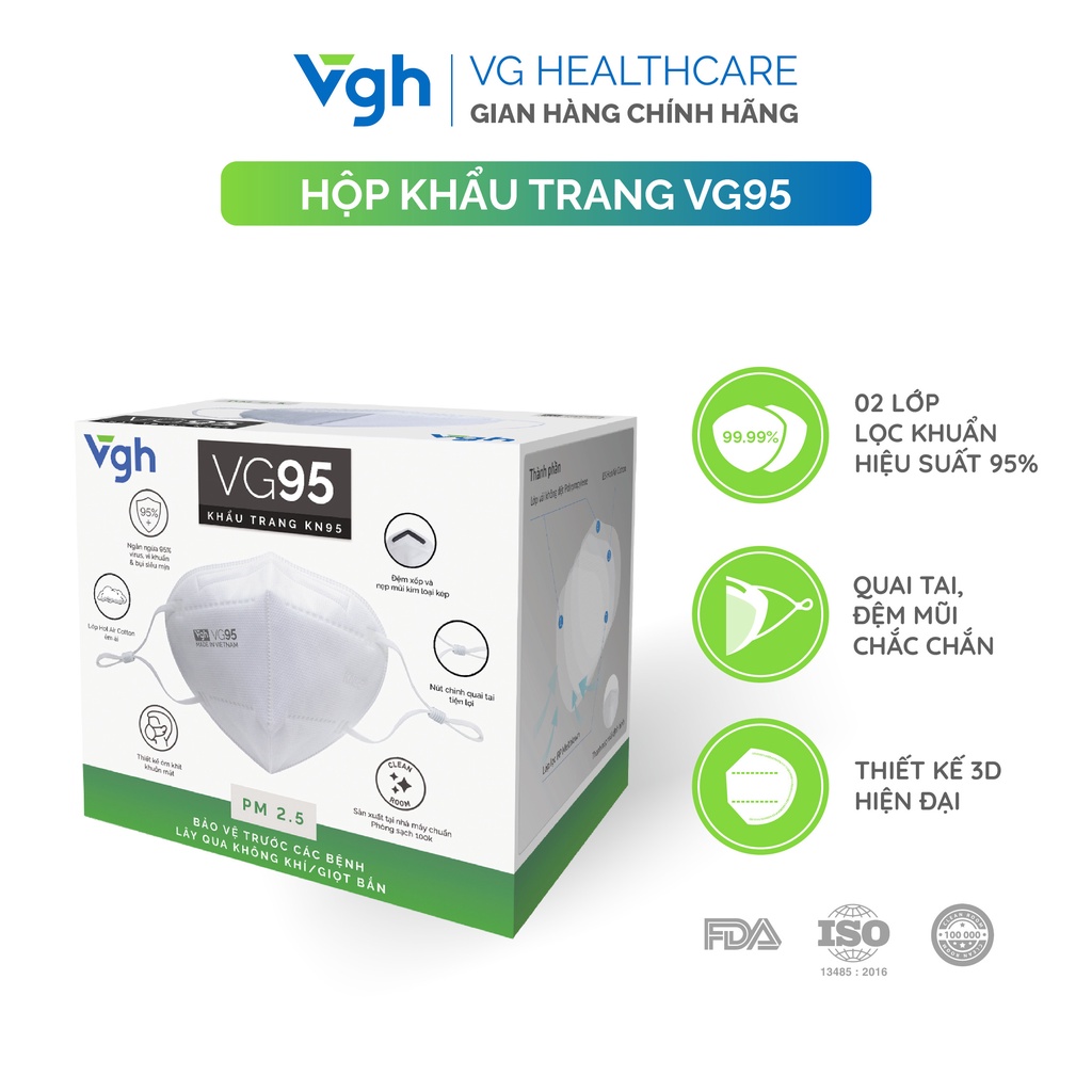 Hộp khẩu trang VG95 thiết kế 3D tiêu chuẩn KN95 kháng khuẩn, nút chỉnh quai tai -Chính hãng VG Healthcare - Hộp 30 chiếc