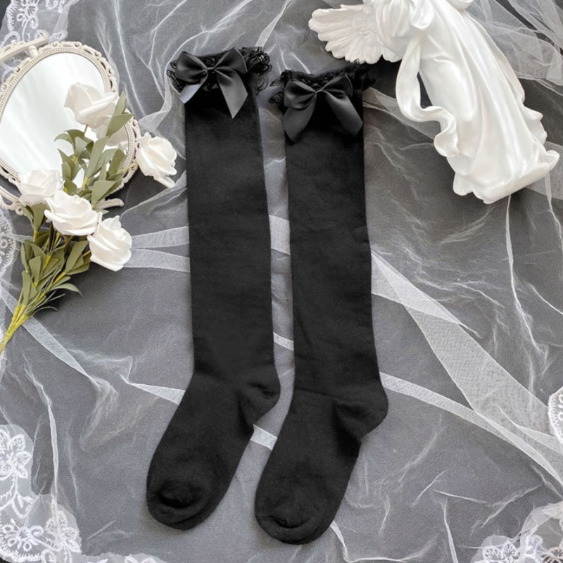 Đôi vớ cổ cao tới đầu gối co giãn phối ren nhún bèo đính nơ màu trơn phong cách lolita ngọt ngào mùa hè cho nữ