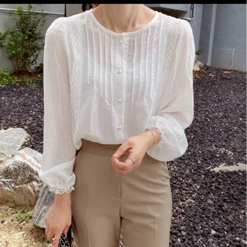 áo sơ mi kiểu cổ tròn li ngực vintage tiểu thư ảnh thật