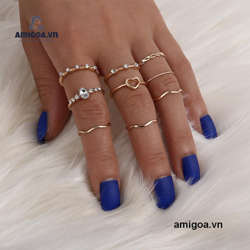 ✨✨Set 9 Nhẫn Đeo Ngón Tay Nhiều Màu Hình Trái Tim Phong Cách Hàn Quốc Cho Nữ