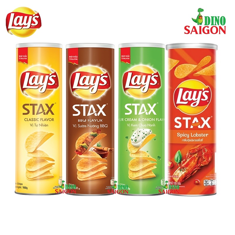 Bánh Snack Khoai Tây Lay's Stax Malaysia Hộp 160g các vị Kem Chua Hành, Sườn Nướng BBQ, Tôm Hùm Hướng và Tự Nhiên