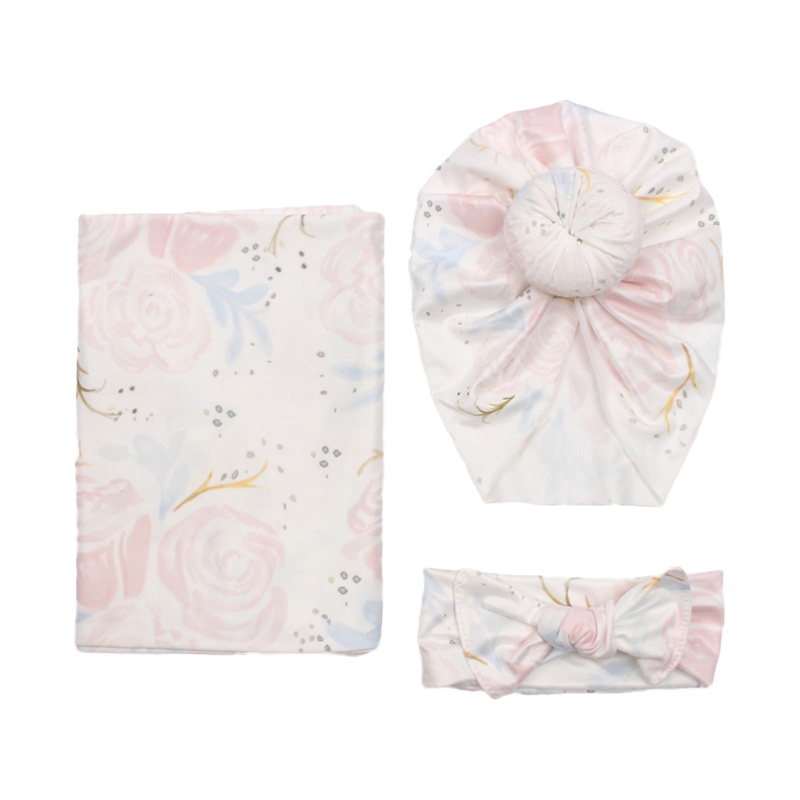 Set 3 Món Gồm Chăn Quấn In Họa Tiết Hoa + Băng Đô Thắt Nút Cho Bé Sơ Sinh