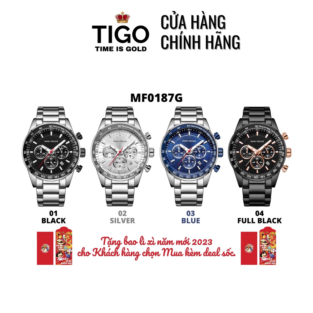 Đồng Hồ Nam MINI FOCUS MF0187G.01 Dây Thép Bạc Mặt Đen Thép Không Gỉ Cao Cấp Mặt Tròn Đường Kính 43.5mm Chống Nước