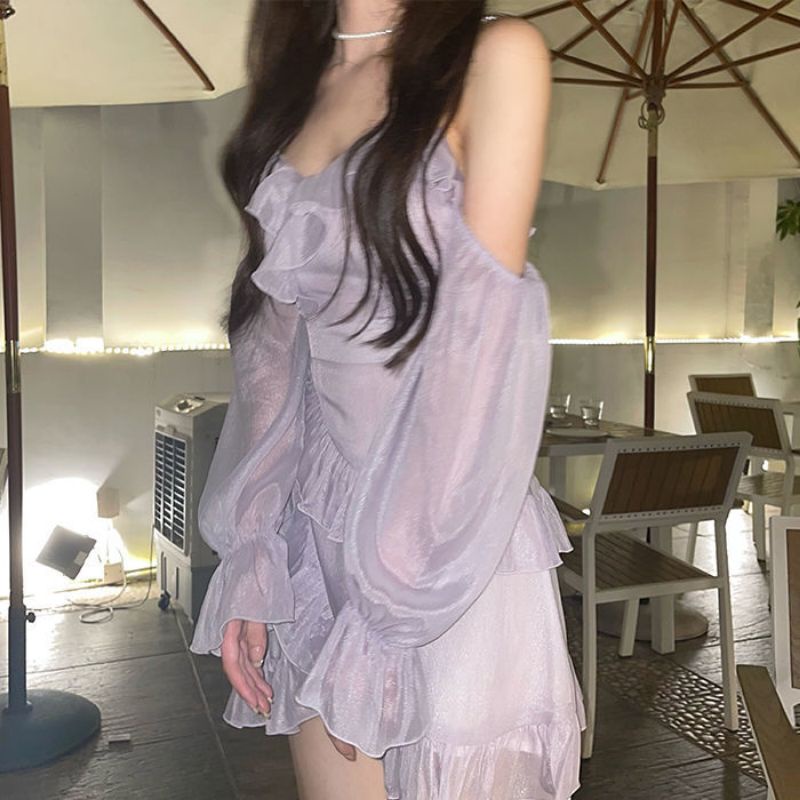 Đầm tím trễ vai xếp li ulzzang order