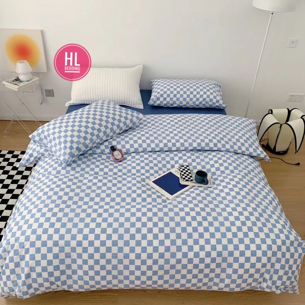 Bộ chăn ga Cotton Poly HL bedding chăn ga Hàn Quốc bàn cờ vua caro ô vuông xanh dương nhỏ đủ size miễn phí bo chun
