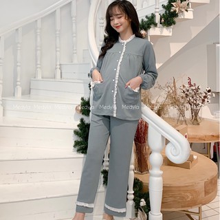 Đồ bộ medyla - đồ bầu mặc nhà cotton len tăm thu đông cúc cài thật - db153
