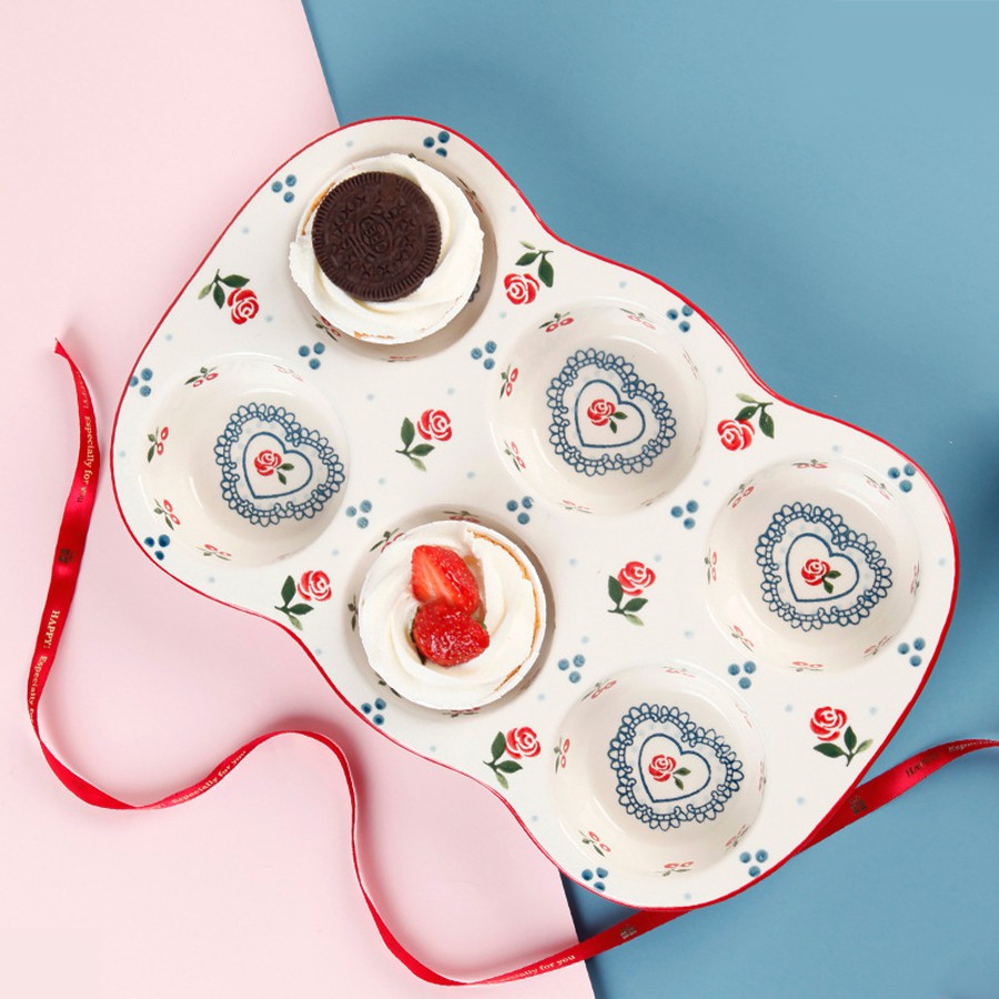 Khuôn làm bánh cupcake, khay nướng bánh bằng sứ họa tiết cherry 6 ô