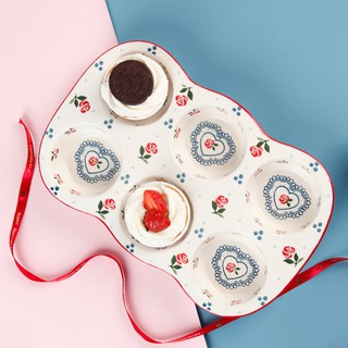 Khuôn làm bánh cupcake, khay nướng bánh bằng sứ họa tiết cherry 6 ô
