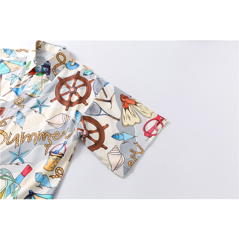Set áo sơ mi ngắn tay + quần đùi in họa tiết phong cách unisex trẻ trung thời trang