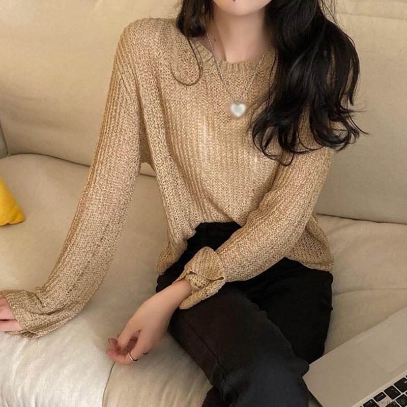 Áo Dệt Kim Tay Dài Phối Lưới Thiết Kế Dáng Rộng Thoải Mái Cho Phái Nữ