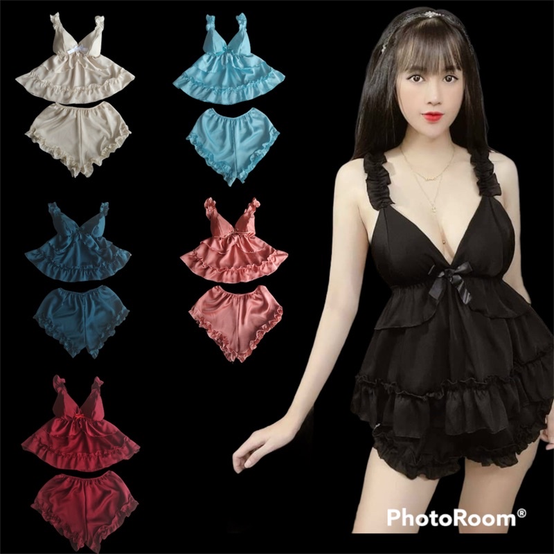 Bộ đồ ngủ sexy Bộ Pijama lụa hai dây dễ thương có video ảnh thật