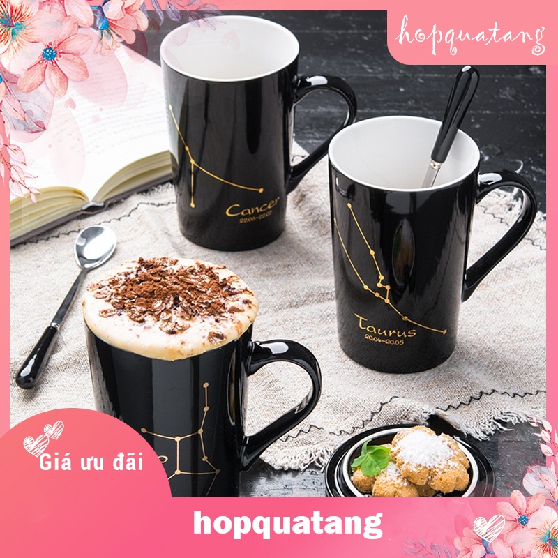 Ly cốc sứ có nắp 12 cung hoàng đạo màu đen và trắng 420 ml
