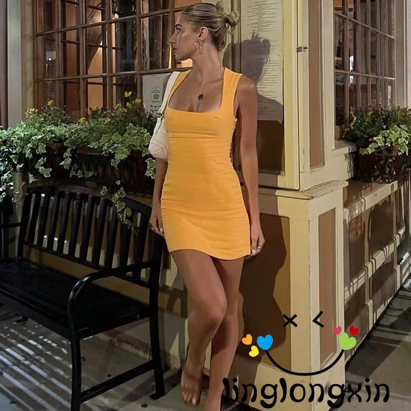 Đầm Ngắn Ôm Dáng Không Tay Cổ Vuông Hở Lưng Màu Vàng 2 Món Thời Trang Mùa Hè Cho Nữ