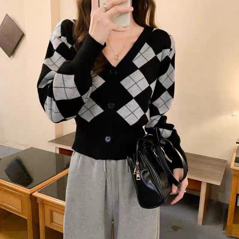 Áo khoác cardigan len nữ cổ V kẻ caro hàng Quảng Châu cao cấp