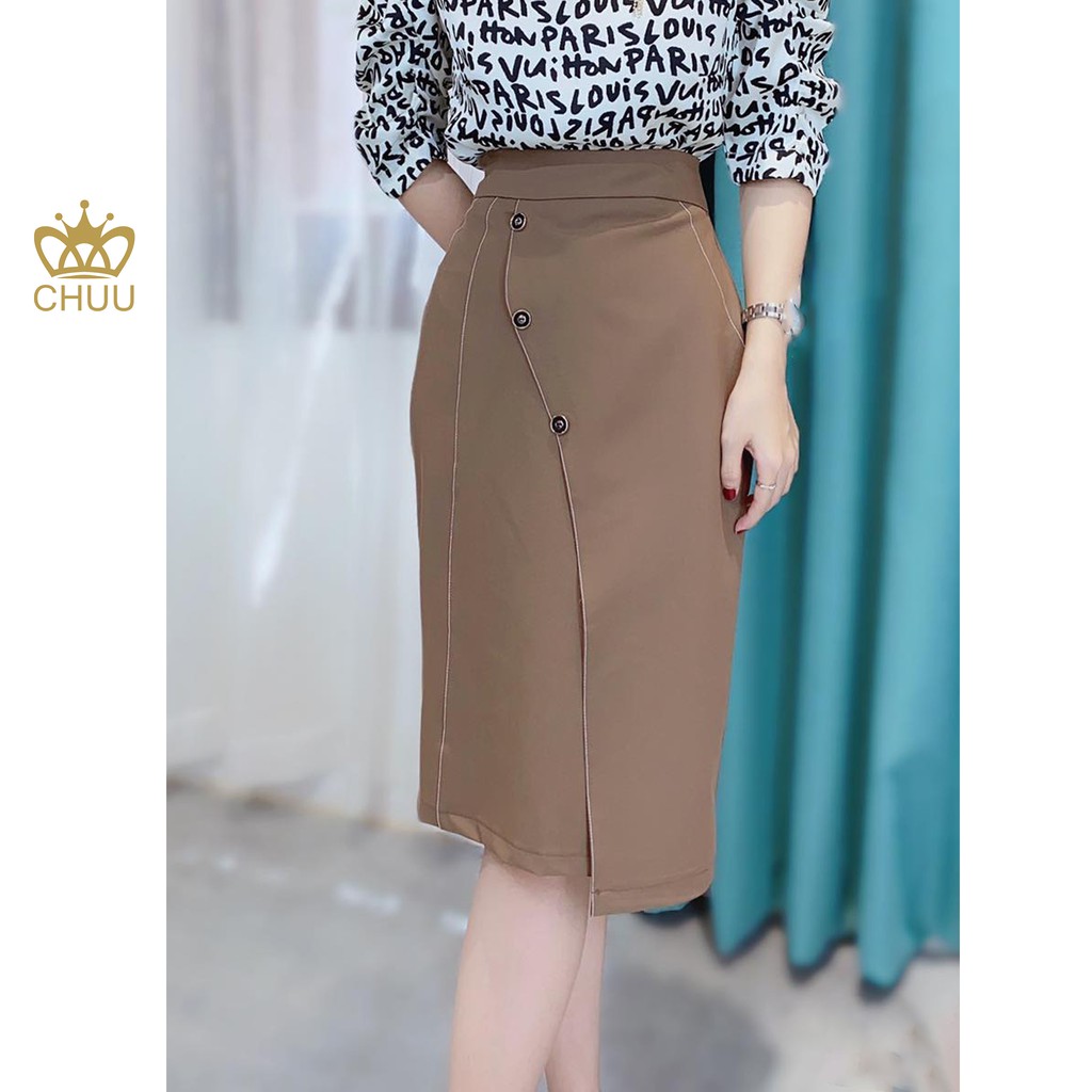 Chân váy công sở nữ kiểu dáng suông đính 3 nút viền sóng chỉ trắng CHUU CV5050