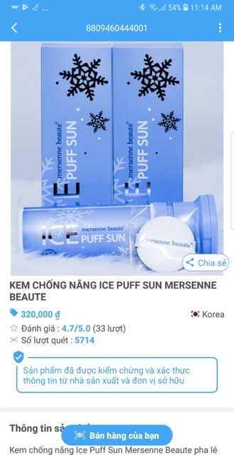 KEM CHỐNG NẮNG ICE PUFF SUN MERSENNE BEAUTE SPF50+ PA+++