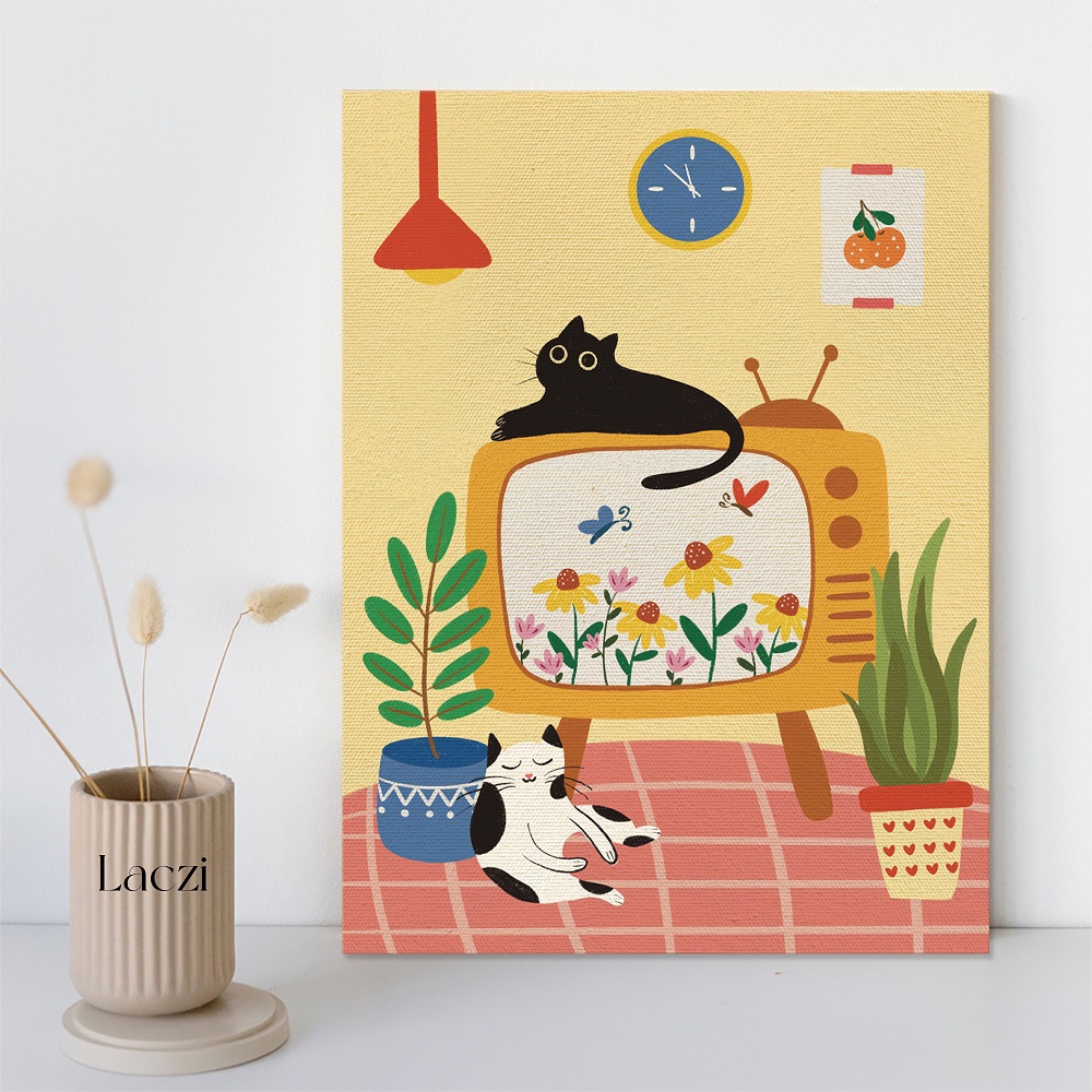 Tranh Mèo Vô Tri Canvas Treo Tường Trang Trí Nhà Cửa Đẹp Dễ Thương Laczi