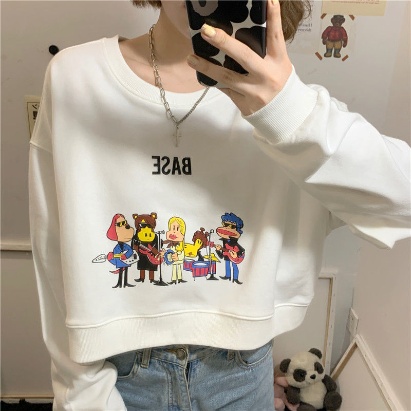 Áo croptop BH tay dài cổ tròn dáng rộng in họa tiết phong cách Hàn Quốc