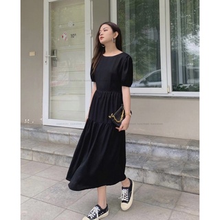 Đầm đen xuông hở lưng tay phồng xinh xăn - sonet dress