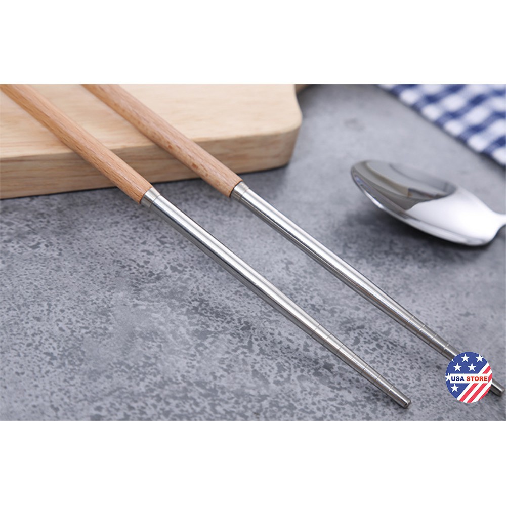 Set Đũa - Thìa Cá Nhân Ăn Cơm Trưa Văn Phòng Inox 304 Cán Gỗ T3 - Tặng Hộp Lúa Mạch Cao Cấp