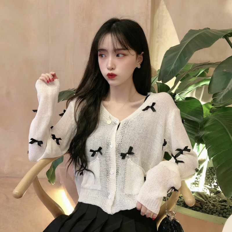 Áo Khoác Cardigan Thun Len Nữ Tay Dài Đính Nơ Siêu Dễ Thương