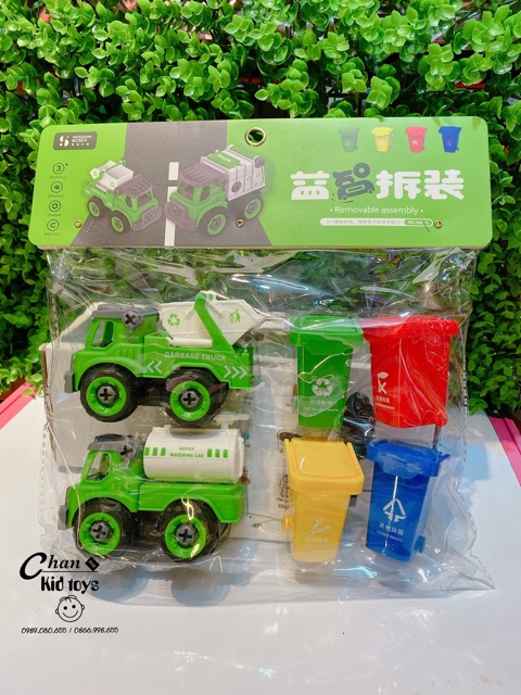 Bộ tháo lắp sửa chữa 2 xe tải kèm 4 thùng rác vệ sinh môi trường  cho bé