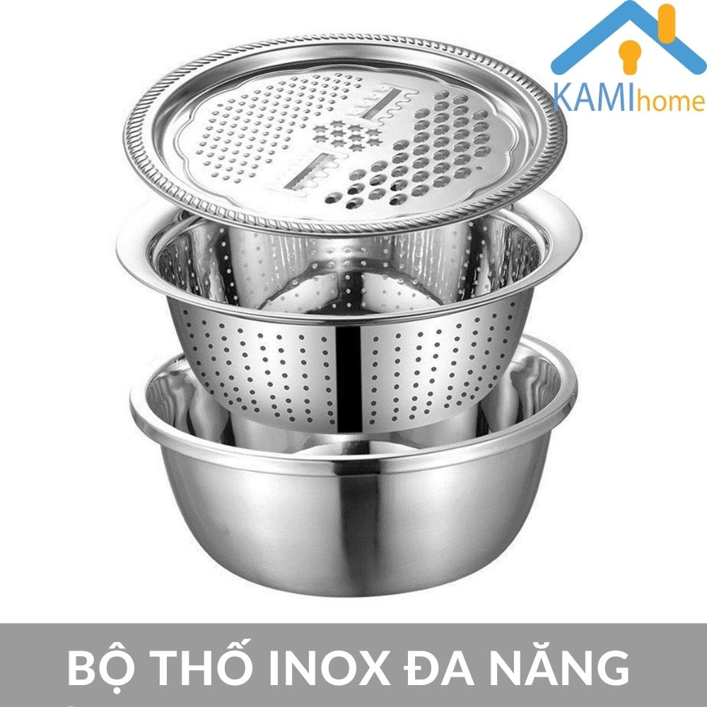 Bộ bát Inox đa năng gồm: Bàn nạo 4 kiểu + Rổ thưa + Thố đựng thực phẩm KM20076