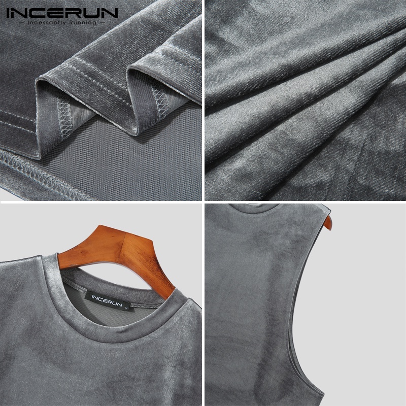 Áo thun ba lỗ INCERUN màu trơn dáng rộng bằng vải nhung thời trang dành cho nam