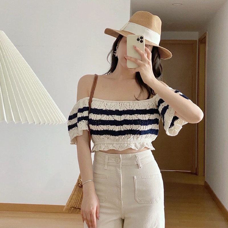 Áo Croptop Dệt Kim Tay Ngắn Cổ Vuông Họa Tiết Kẻ Sọc Trắng Đen Thời Trang Cho Nữ
