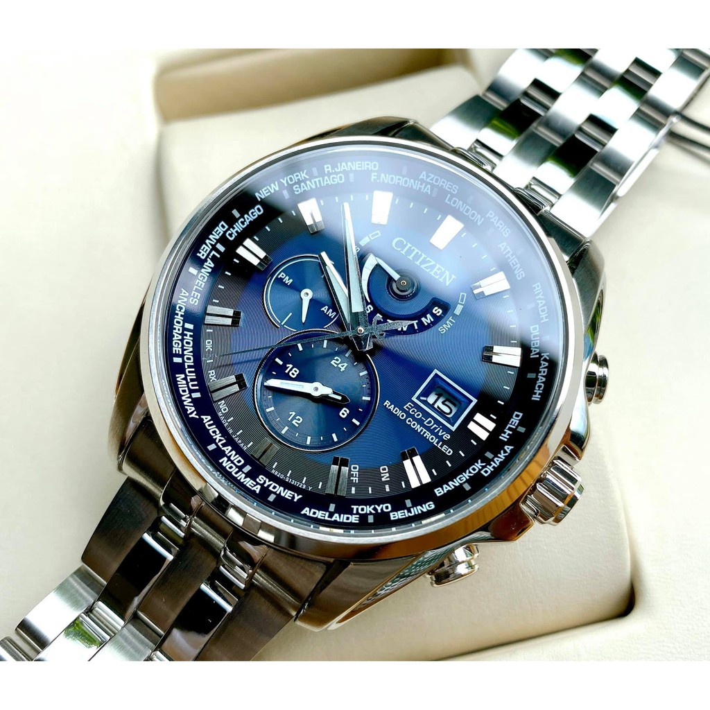 Đồng hồ Nam chính hãng Citizen Eco Drive World Time Radio Controlled AT9031-52L - Máy Pin năng lượng ánh sáng