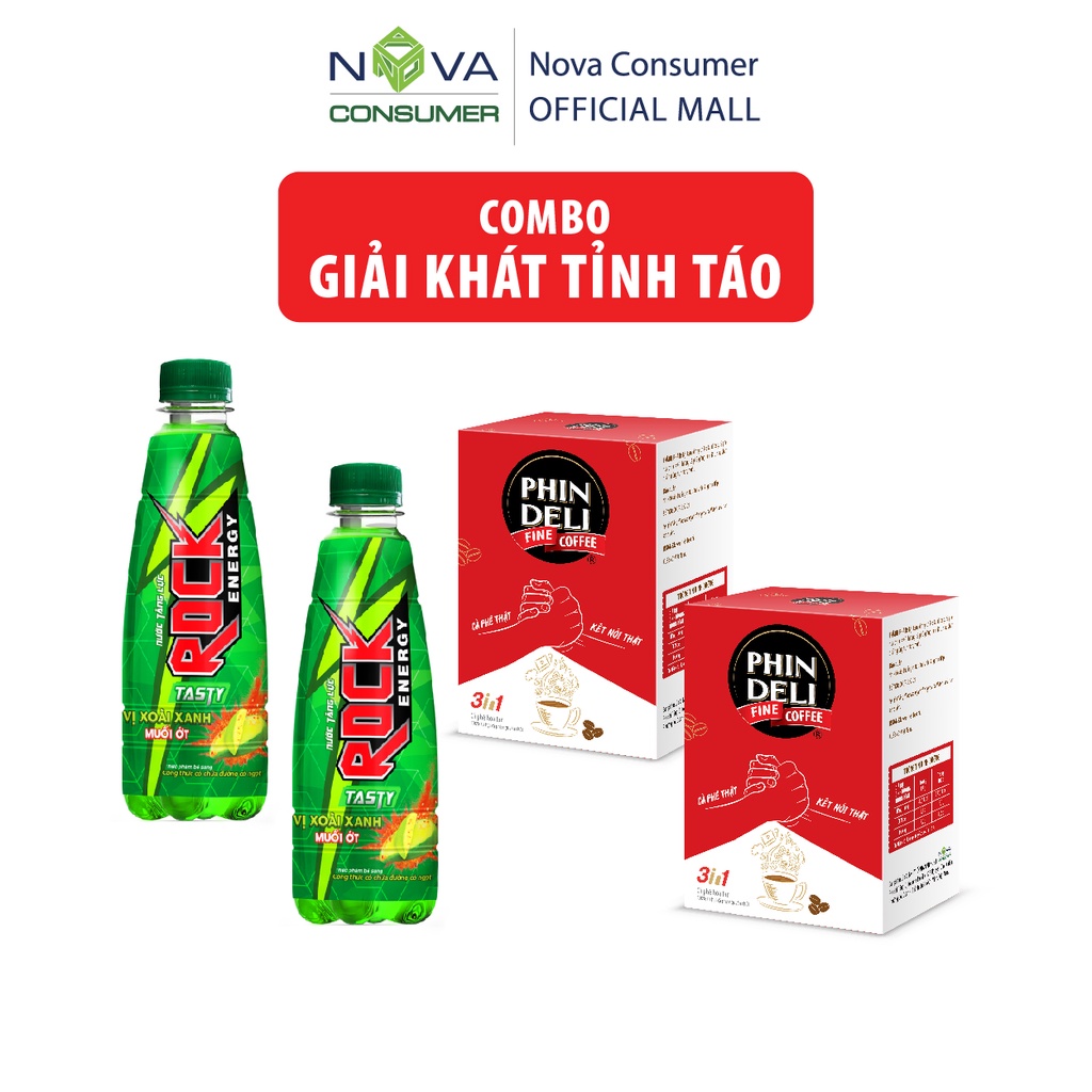 Combo Giải Khát Tỉnh Táo (Cà Phê Hòa Tan PhinDeli 3in1, Nước tăng lực Rock Energy Tasty)