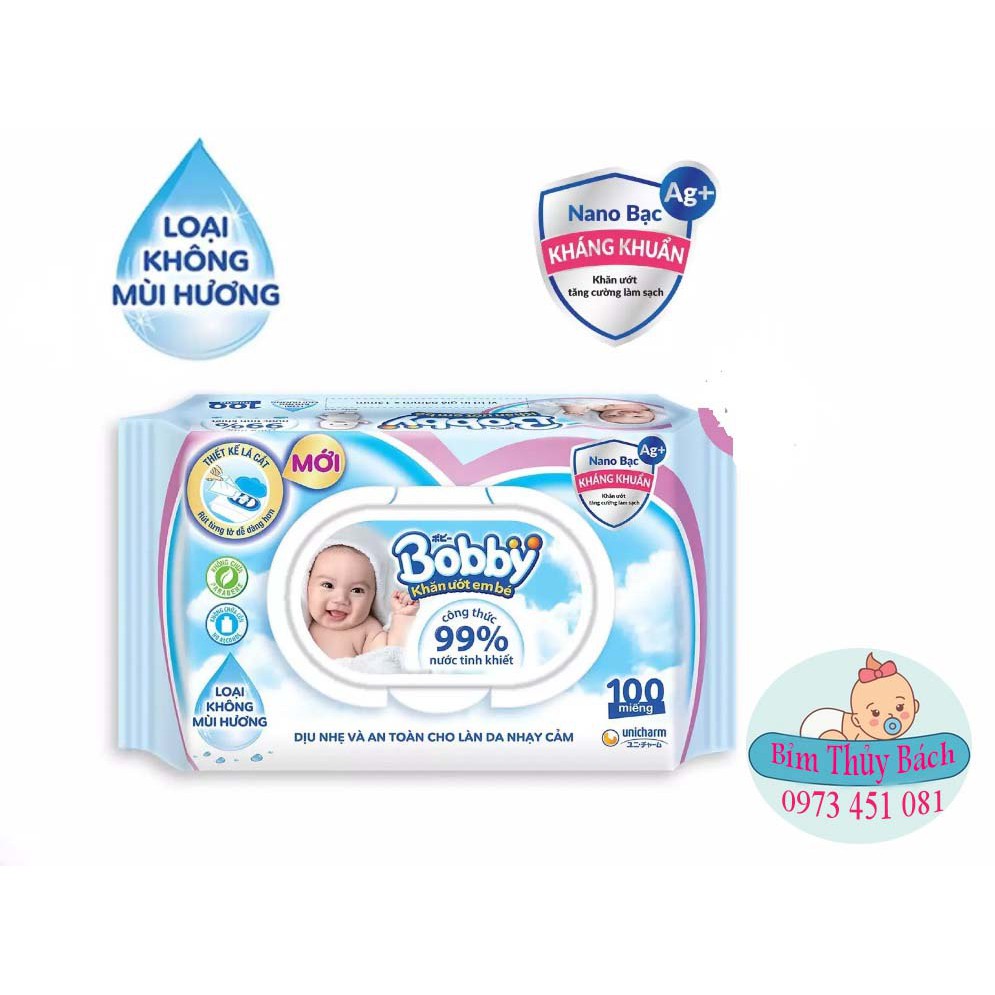 Khăn giấy ướt trẻ em Bobby Care Nano Bạc kháng khuẩn KHÔNG MÙI HƯƠNG 100 miếng